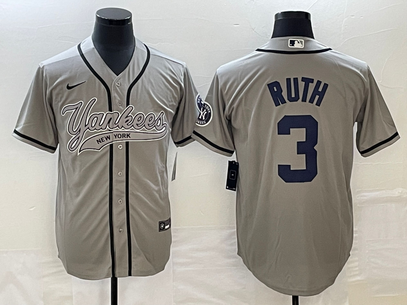Men's New York Yankees Babe Ruth #3 Gray Jersey Joint Edition